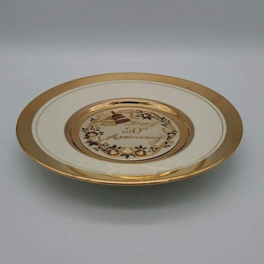 Dynasty Gallery Chokin Art Happy 50th Anniversary Plate 24KT Gold Rim